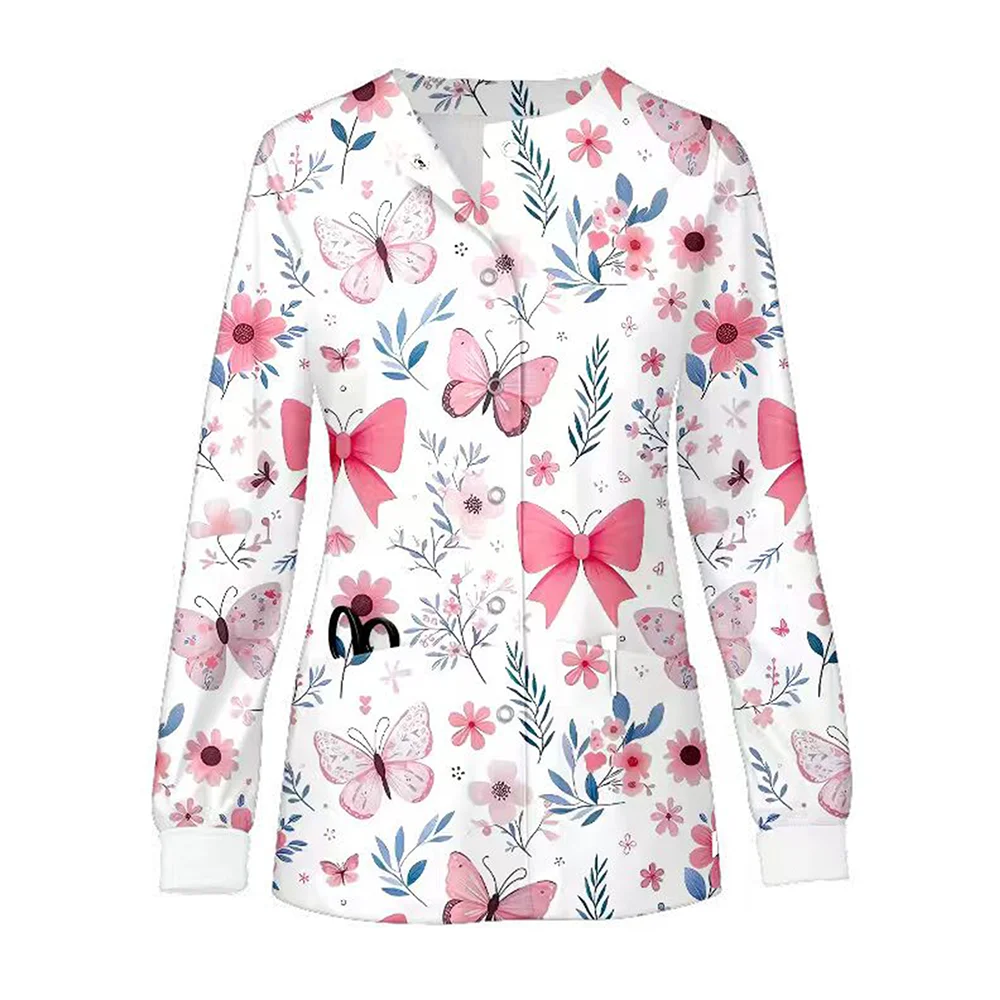 캐주얼 의료용 스크럽 재킷 유니폼 부드럽고 편안한 폴리에스터 스판덱스 긴 소매 싱글 브레스티드 프린트 치과 의사 재킷