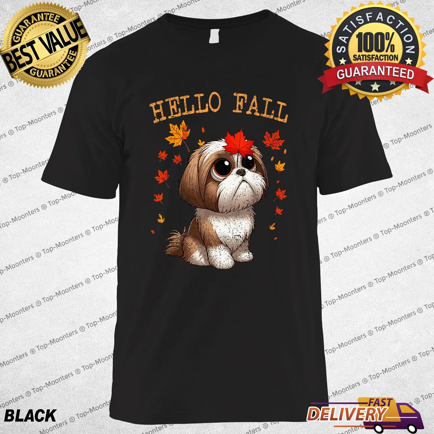 

Hello Fall Dog Design with Autumn Season and Maple Leaves T-Shirt Gift