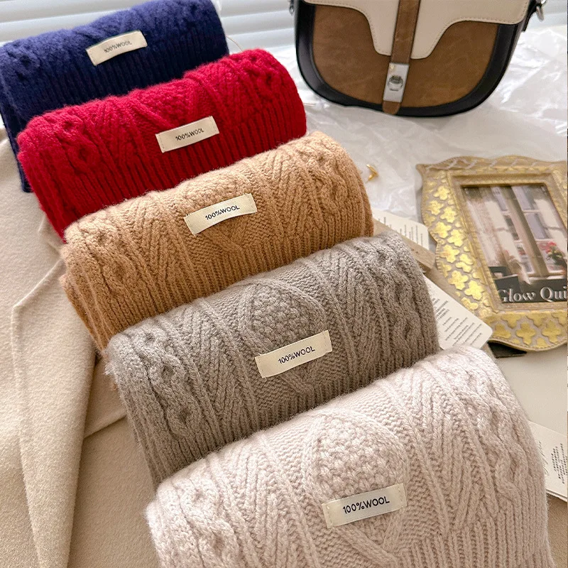Luxury 100% Wool Scarf Women Mens Thick Cable Knitted Wrap Chunky Warm Scarf Warm Cashmere Scarves Neckercheif Christmas Gift view 2