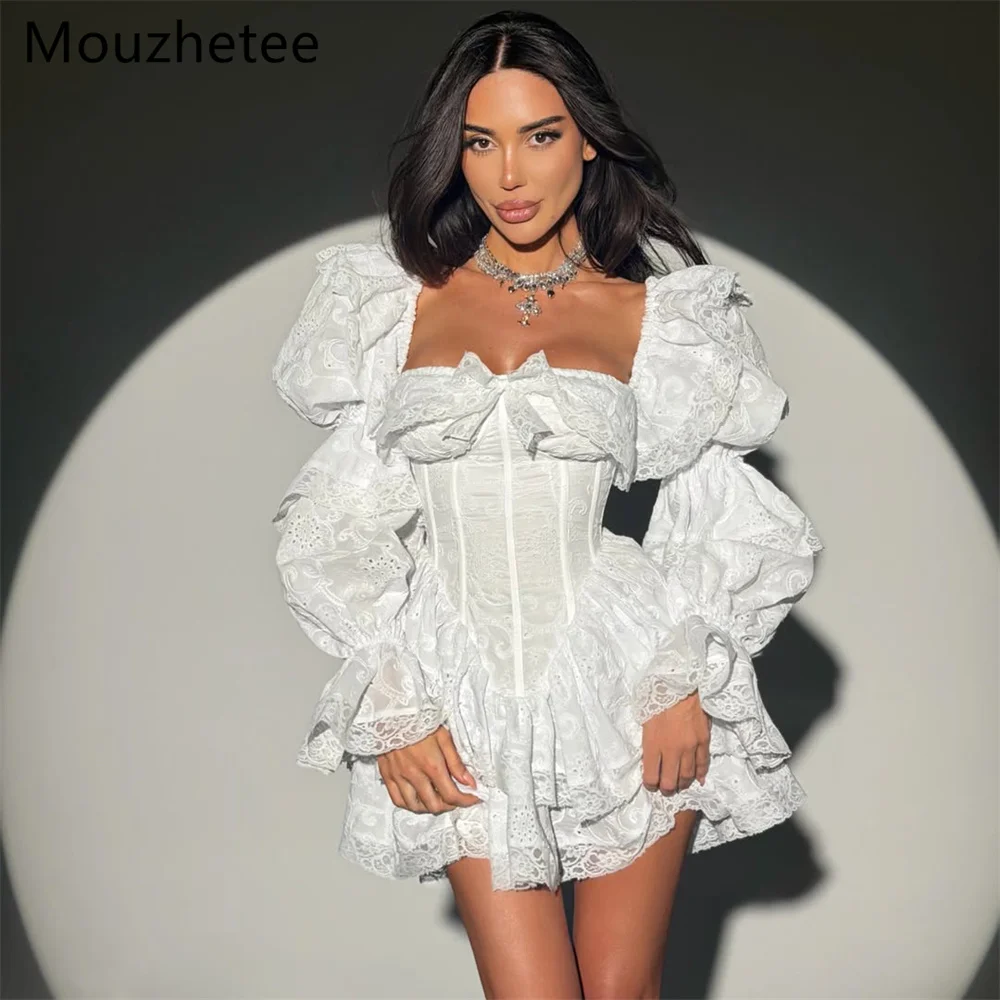 Mouzhetee A-Line Elegant Pleat Lace Long Sleeve Mini Wedding Dresses Princess Brides Gown Custom Made 2026