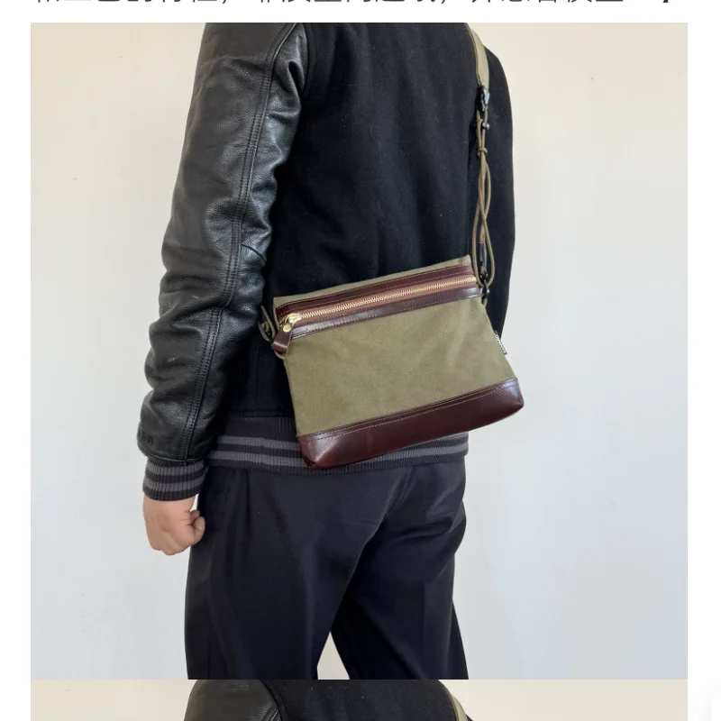 

Vintage Genuine Leather Patchwork Canvas Outdoor Commuter Casual Crossbody Bag Small Phone Bag Unisex Trendy