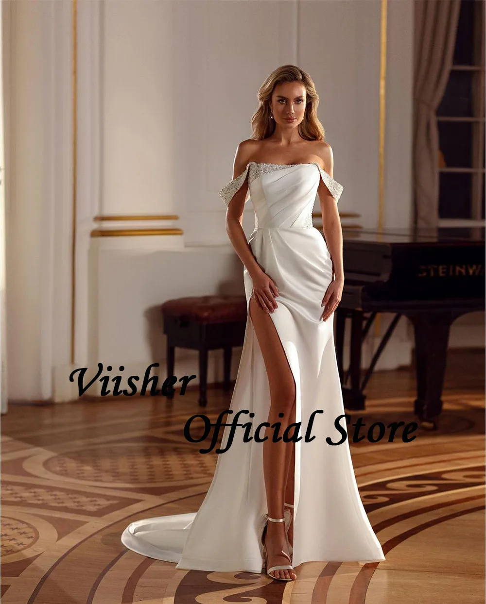 Viisher abiti da sposa a sirena in raso avorio con paillettes a fessura con spalle scoperte abiti da sposa Sexy Boho Beach Wedding Bride Dres