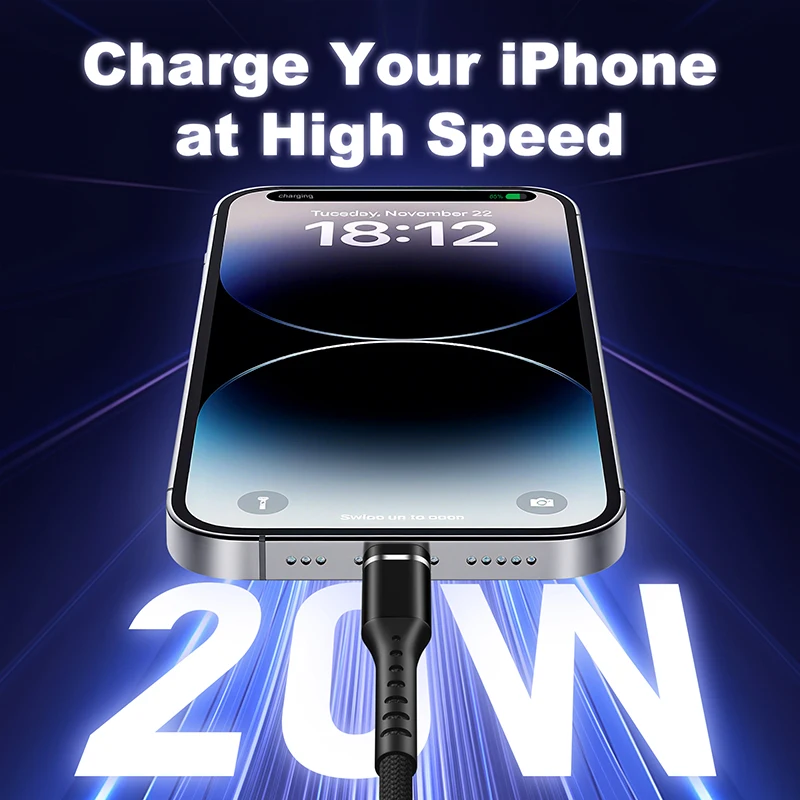 كابل USB C إلى Lightning PD 20W MFI معتمد للشحن السريع من النايلون المضفر لهاتف Iphone 14 13 12 11 Pro Max XR XS X 8 7 6