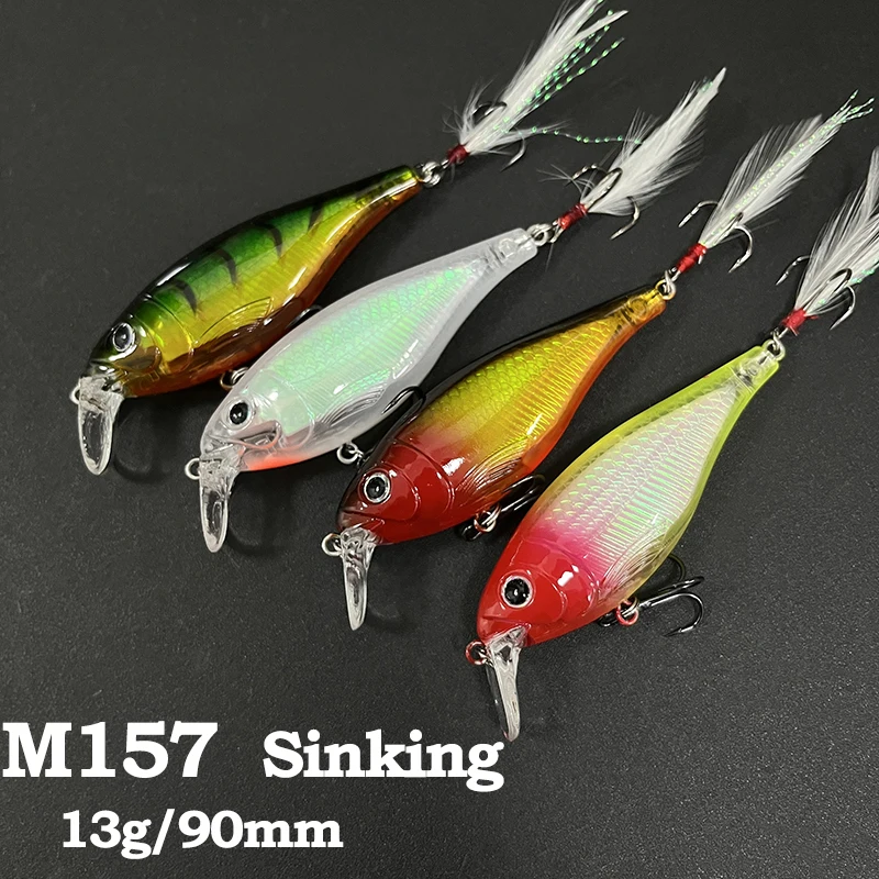 Przynęta wędkarska typu minnow, tonąca, do dalekich rzutów, 90mm 13g, crankbait z piórkowym haczykiem, wobler, sztuczna twarda przynęta do wód słodkich i słonych.