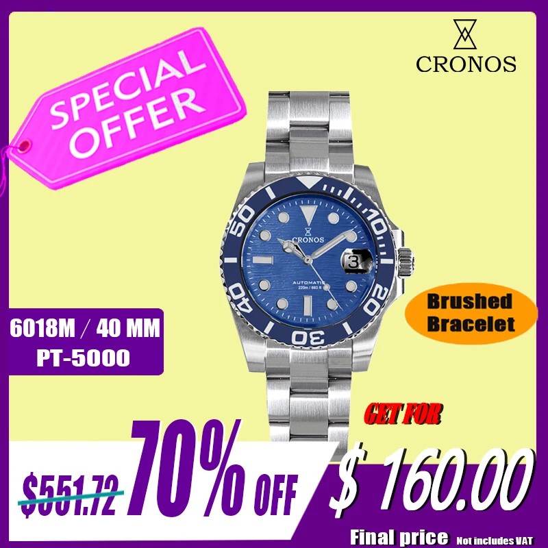 

Cronos Sub Diver Men Watch Stainless Steel PT5000 Brushed Bracelet Ceramic Bezel 200 meters Water Resistant L6018 M