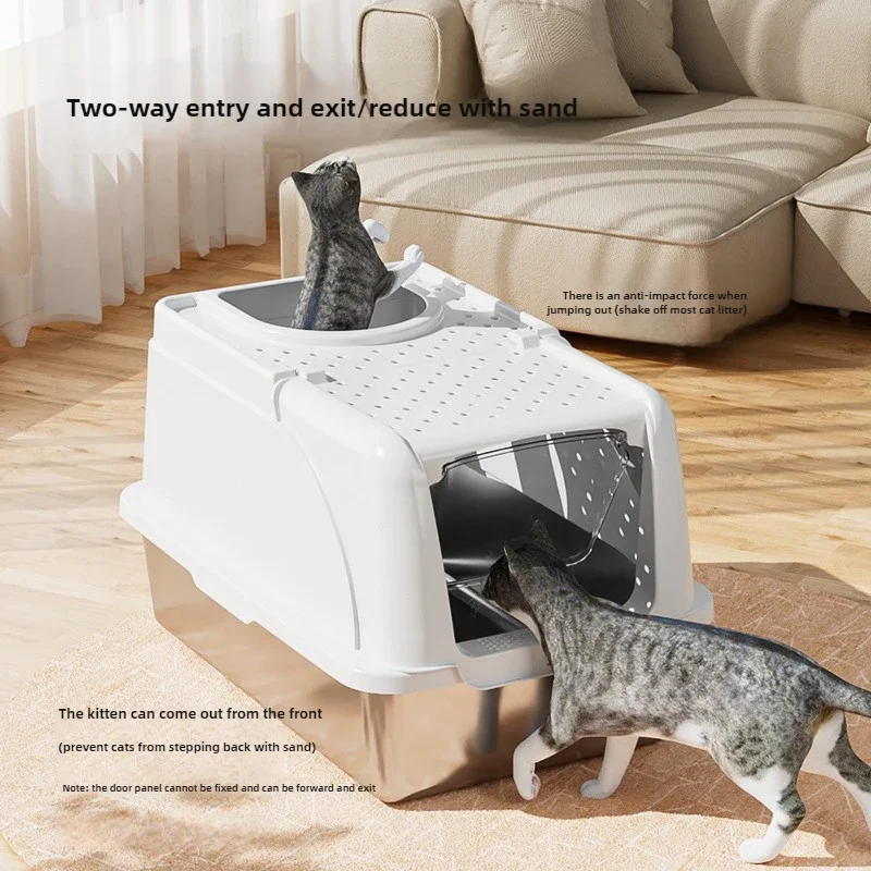 

Stylish Cat Litter Box Dual-Exit Cat Toilet Stainless Steel Pet Litter Tray Odor-Proof Cats Sand Box Multi-Function Pets Bedpans
