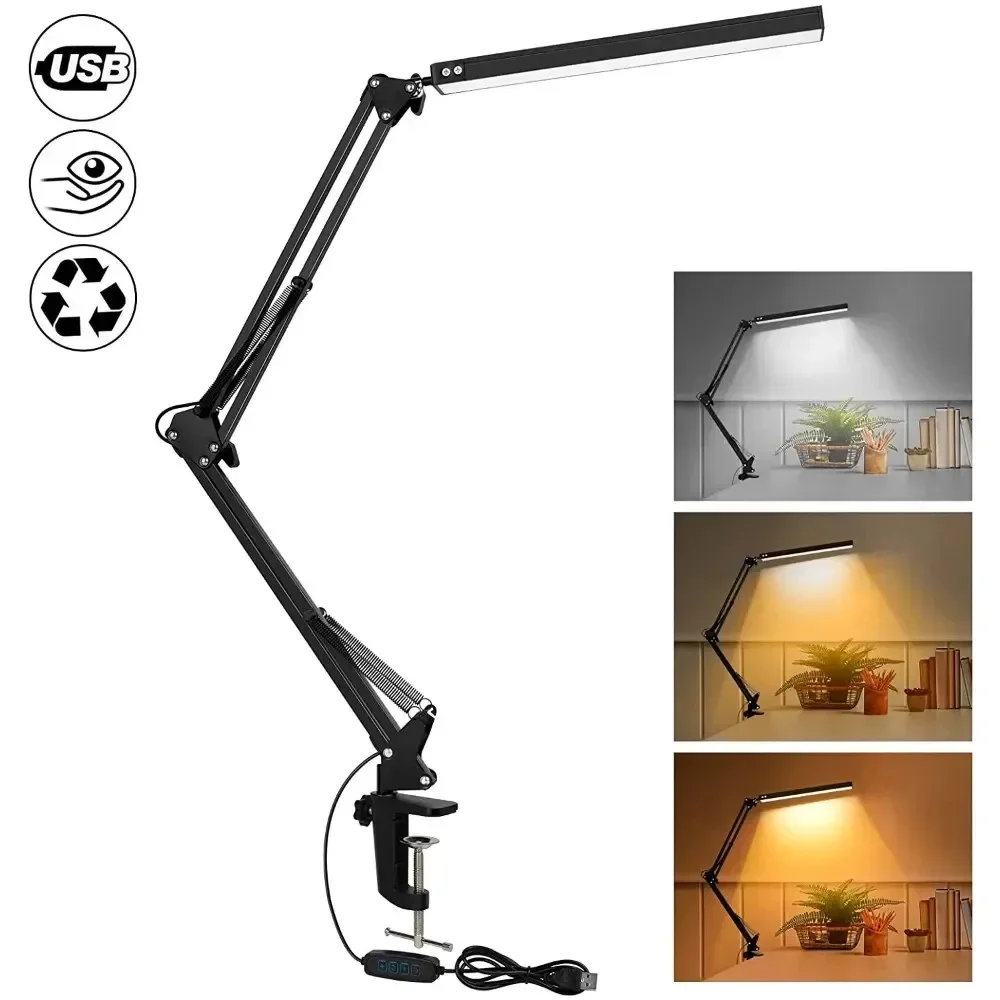 LED Desk Lamp with Clamp 10W Swing Arm Desk Lamp Eye-Caring Dimmable Desk Light with 3 Lighting Modes 10 Brightness Level