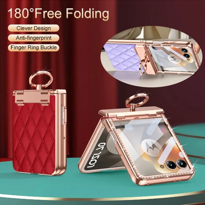 

For Motorola Razr 70 Ultra 60 50 PU Leather Ring Holder Hinge Phone Case for Moto Razr + 2024 2025 2026 Full Protect Film Cover