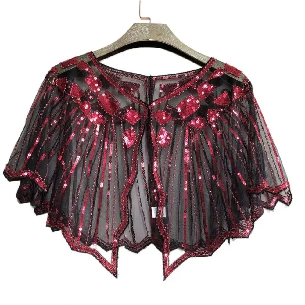 Chal de lentejuelas con adornos de cuentas para mujer, chal de malla vintage para la noche, capa corta, accesorio para vestido, chal de fiesta estilo flapper, para bodas.