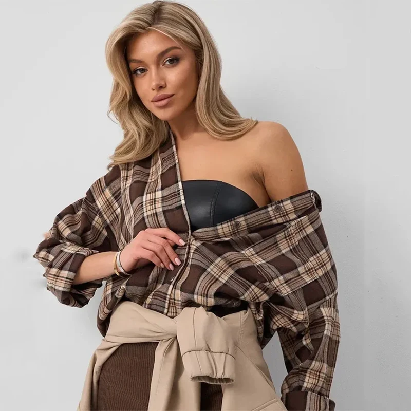 

Женская рубашка, винтажная клетчатая рубашка большого размера, свободная блузка с длинным рукавом, осенняя куртка, топы, модные удобные блузки
