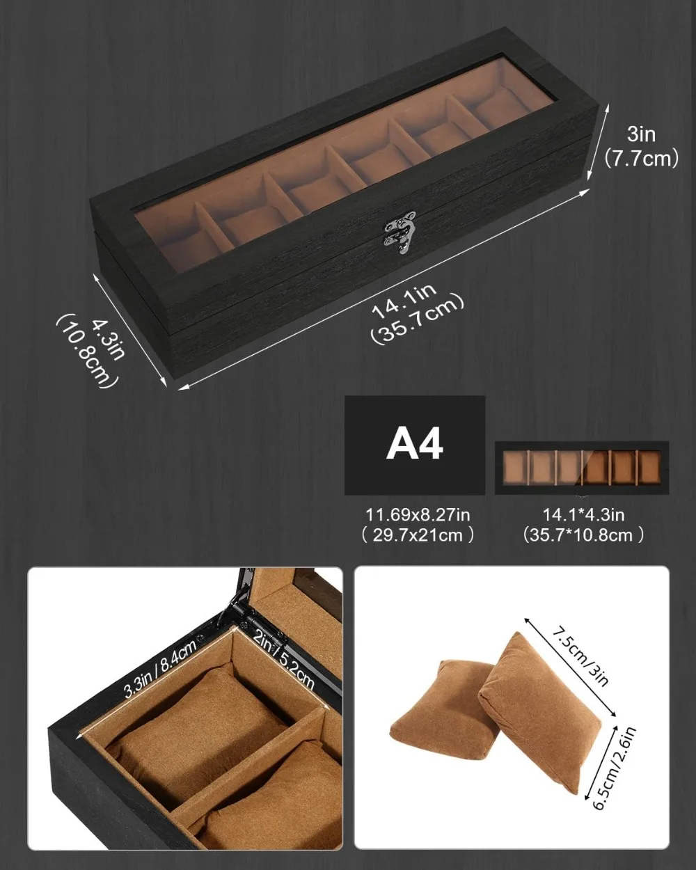 Solid Wood 6-Slot Watch Box with Glass Lid, Velvet Interior, Gift for Men