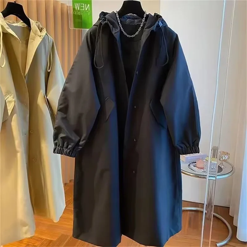 Spring Autumn Vintage Long Trench Coat Casual Windbreak Jacket Women Hood Drawstring Jacket Oversized Windbreaker JJ131