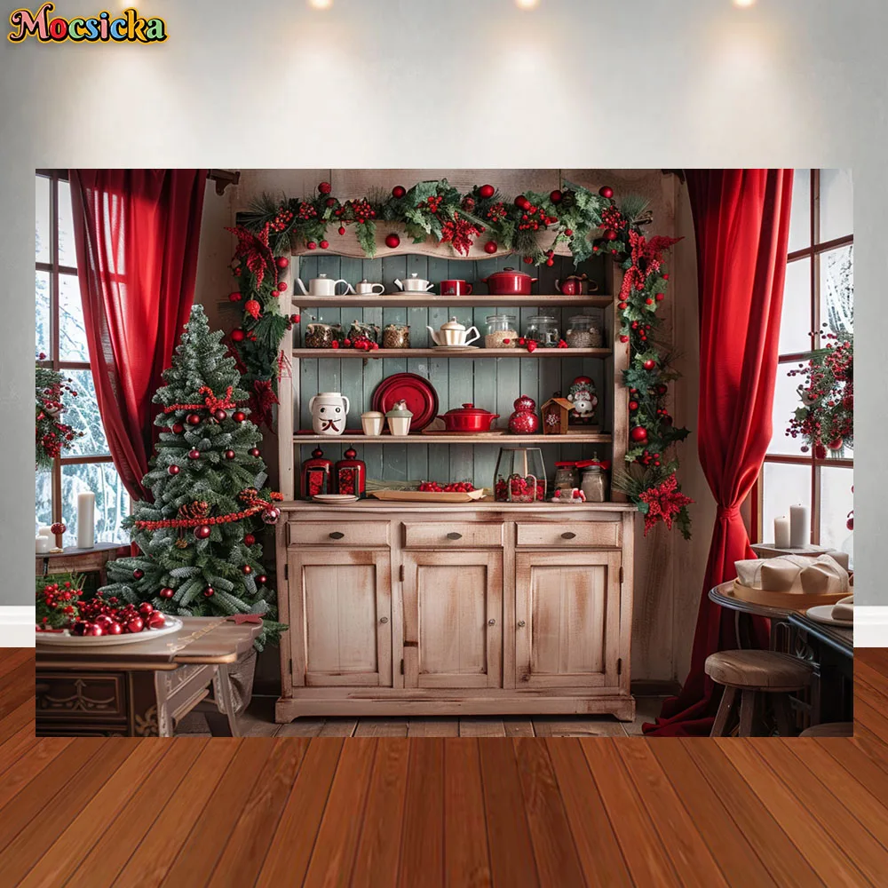 Christmas Kitchen Photography Background Winter Window Xmas Tree Gifts Kids Family Portrait Decor Backdrop Photo Studio Props