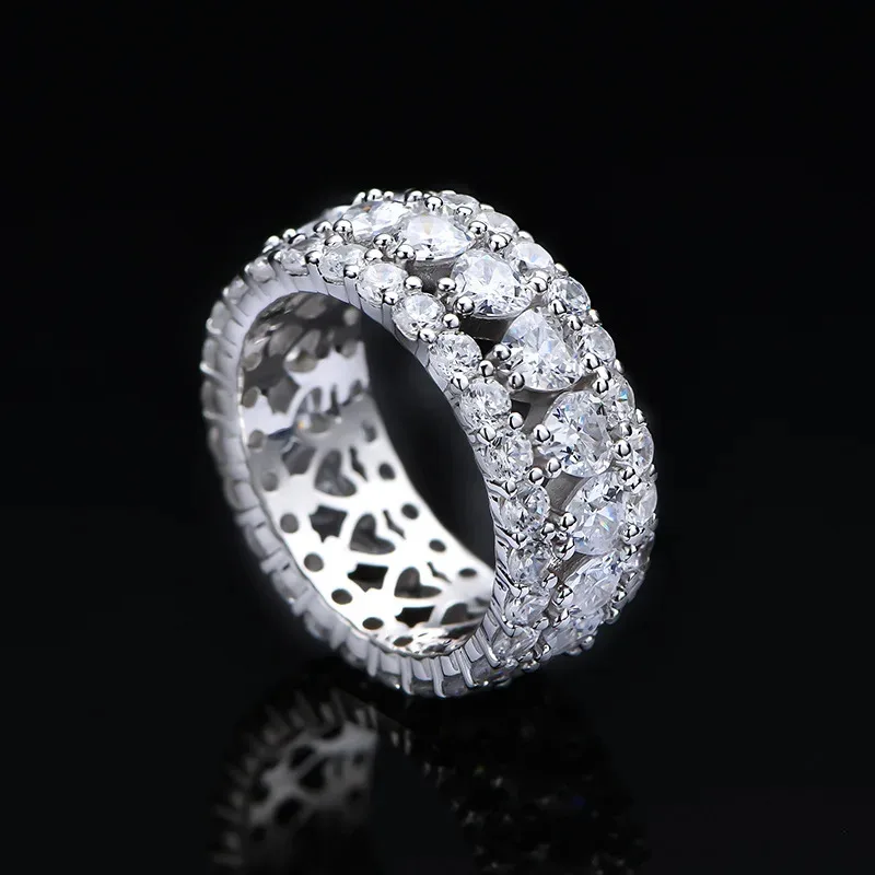 Luxury Heart Cubic Zirconia Ring 925 Sterling Silver Jewelry Women Wholesale Zircon 3 Row Iced Out Bling Cz Heart Ring