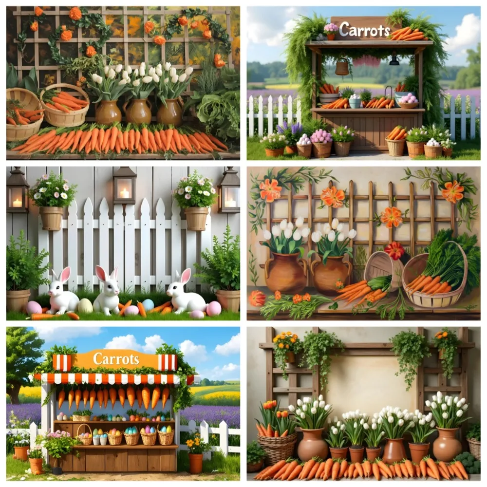

Spring Easter Carrot Shop Theme Photography Backdrop, Rural Fields Green Grass Tulip Wooden Frame Children's Birthday Background