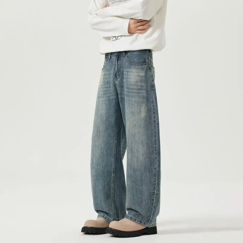 

Осенние свободные модные джинсы, однотонные драпированные джинсовые длинные брюки, прямые корейские винтажные широкие повседневные брюки в стиле хип-хоп