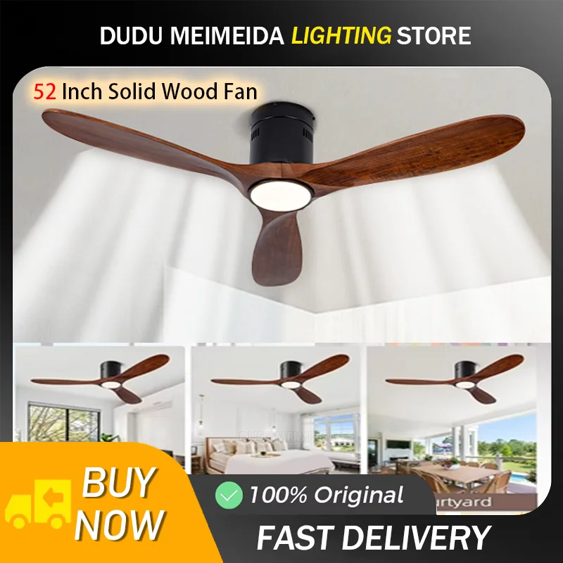52 Inch Solid Wood Ceiling Fans Remote Control 32W Silent Ceiling Fan with Light Tricolor Light Living Room Lighting