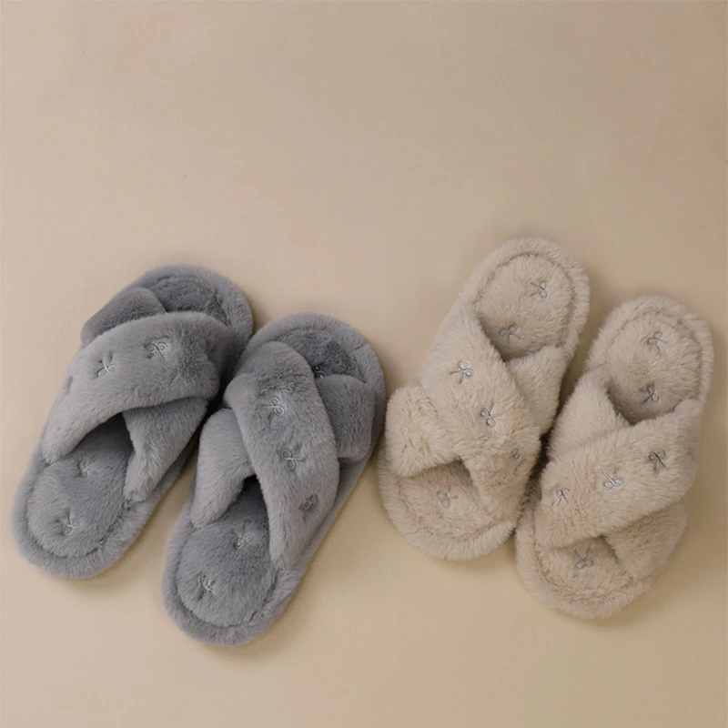 Bowknot Embroidery Plush Slippers Women Fashion Cross Strap Indoor Cotton Slides Woman Flat Heel Home Furry Slippers Mujer