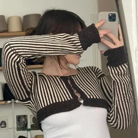 Women Y2K Vintage Striped Crop Cardigan Black White Thin Stripe Open Front Cutout Bolero Knit Long Sleeve Short Retro Street Top