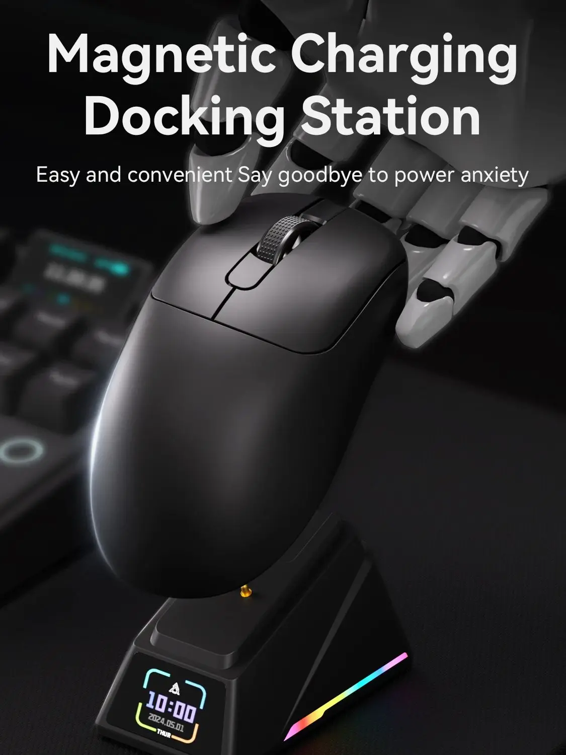 AJAZZ AJ179 PRO/APEX Gaming-Maus mit Farbbildschirm-Dock, Magnetisches Laden, 8000Hz Hochfrequenz, Tri-Mode (PAW3950) Rechtshänder