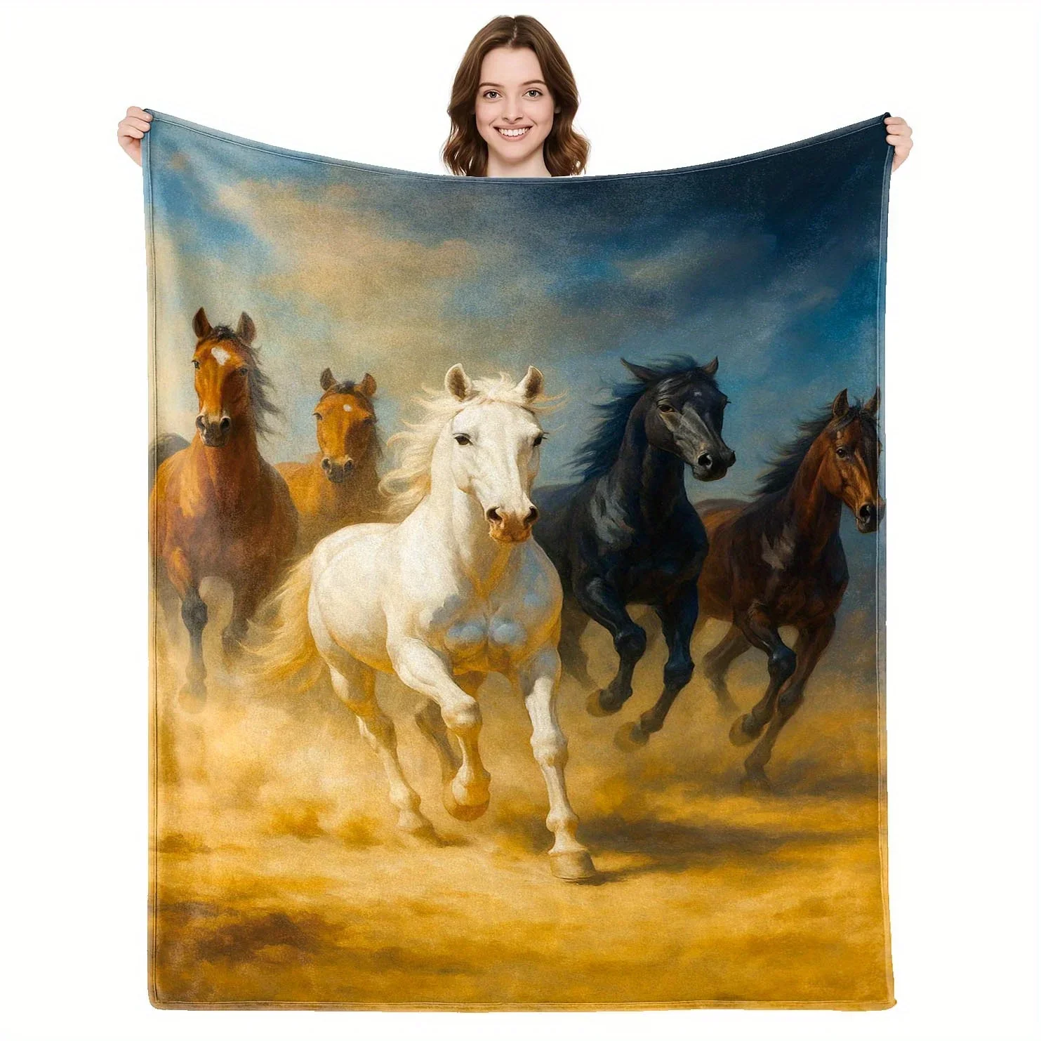 Vibrant Horse Gallop Art Throw Blanket Realistic Equestrian Scene Farm Animal Decor Gift 150x230cm