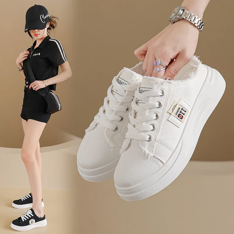 

Women's 2026 Canvas Half Slippers Spring Thick Bottom Outdoor Sneakers Lazy Large Size Comfortable Slip-On Shoes