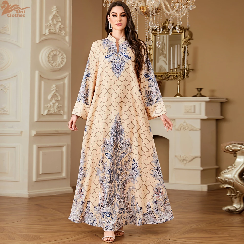 Uni nuevo Dubai estampado de lujo Abaya musulmán elegante vestido con estampado Floral jersey manga larga Keftan 2025