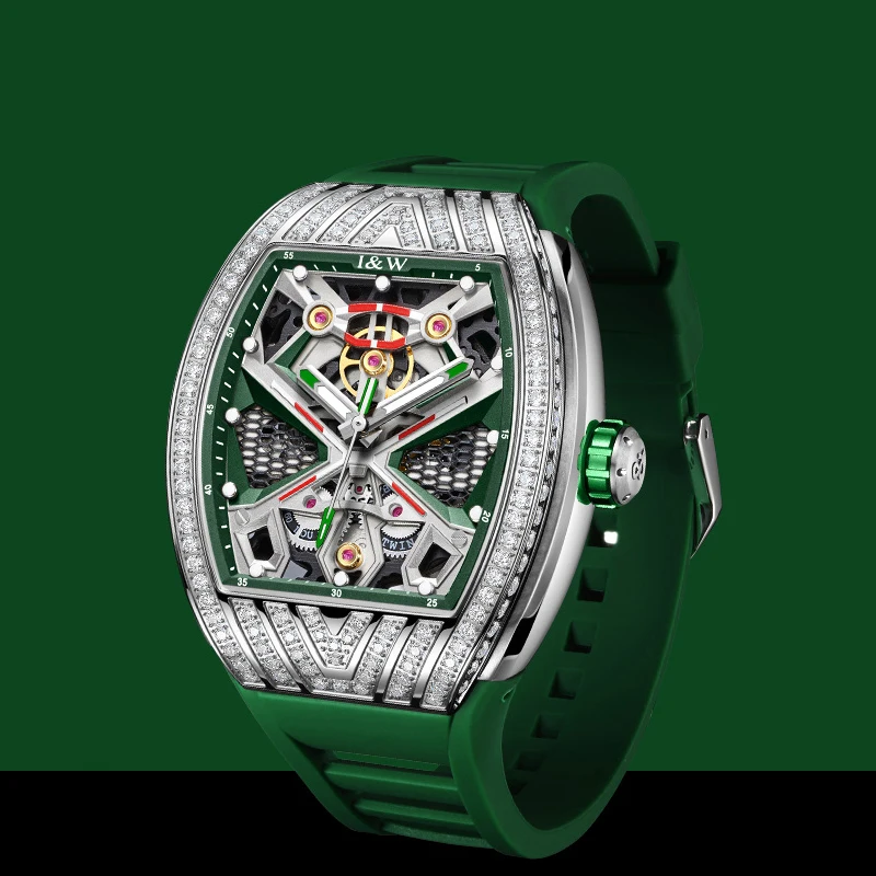 I&W Men Automatic Watch 43mm Tonneau Luxury Mechanical Wristwatch Luminous 50m Waterproof Rubber Strap Zircon Decoration