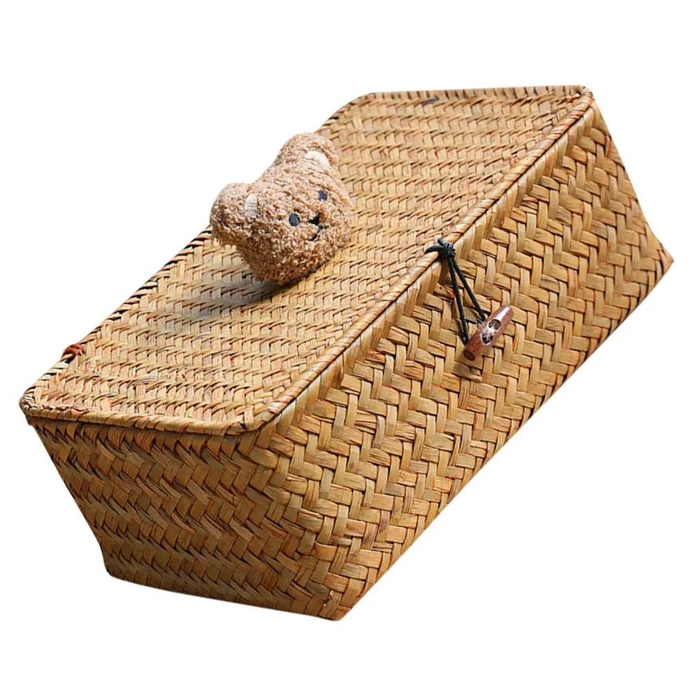

Car Storage Box Woven Basket Straw Travel Organizer Trash Can Car Interior Garbage Bin Lidded Holder Vehicle Case Desktop Bin