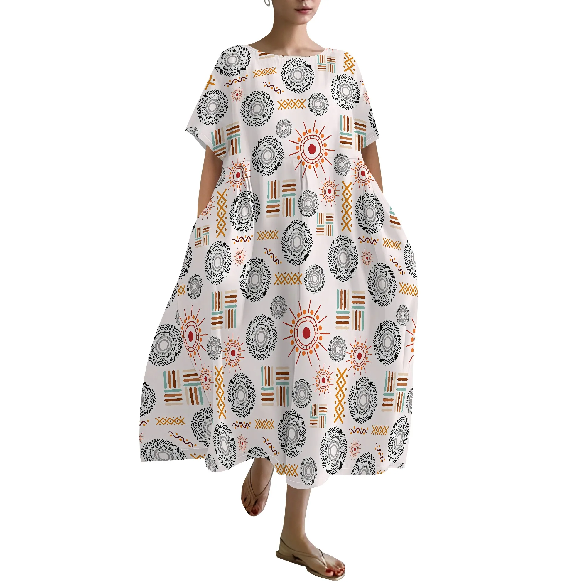 EQQZD Abito girocollo a maniche corte da donna, elegante abito casual con stampa modello stile Boho con tasche