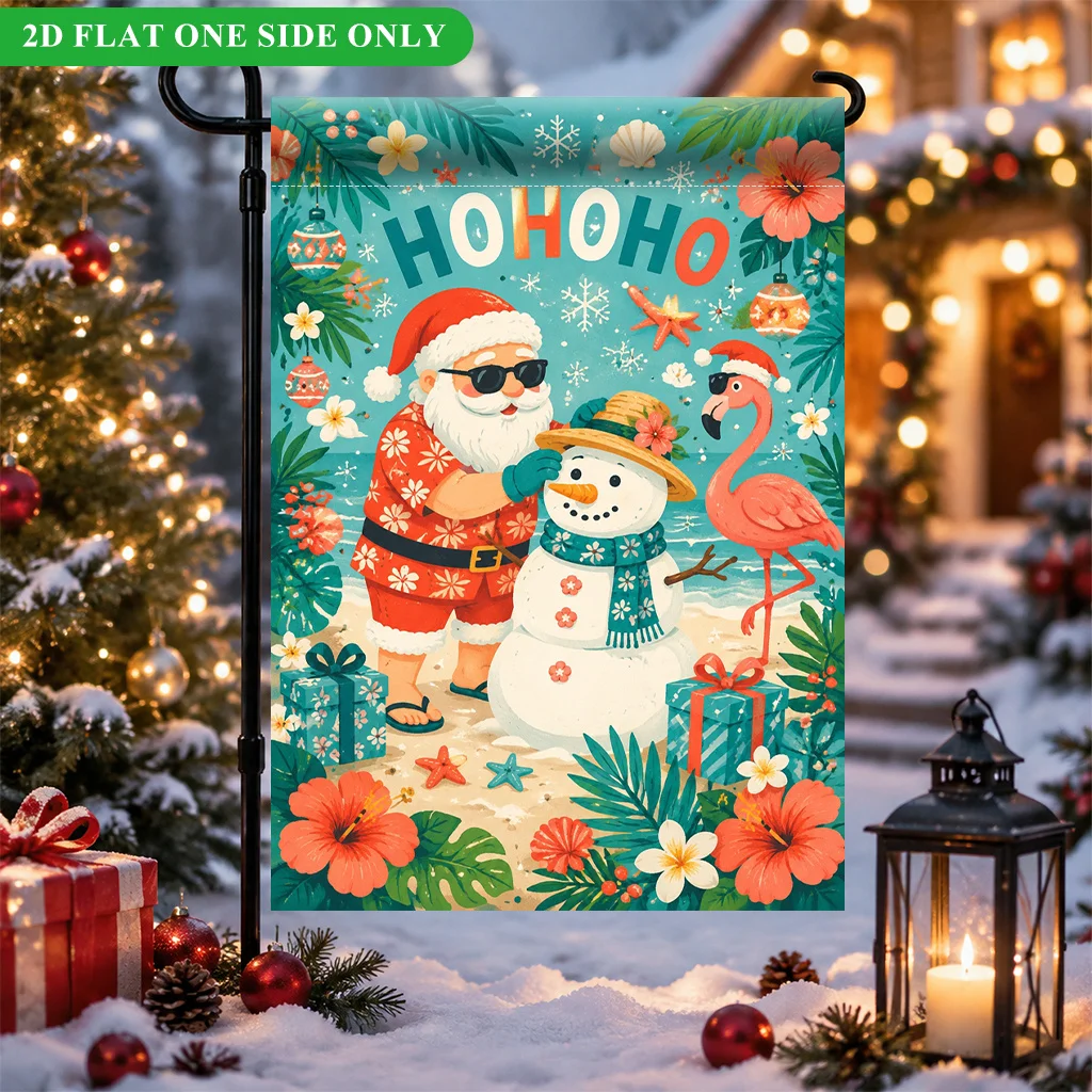 2D Flat Garden Flag 1PC, Beach Santa Making A Snowman, Holiday Garden Outdoor Flag, Durable Polyester Material, Single-sided Printing, Halloween Decoration, Porch Entrance Welcome Flag, Celebration Garden Flag, Flag Only
