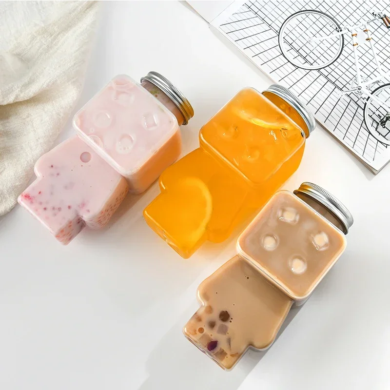 10Pcs Creative Cartoon Puppet Milk Tea Cup Take Out Beverage Cold Drink Pet Plastic Juice Bottle Coffee Bar Milk Tea Shop Bottle