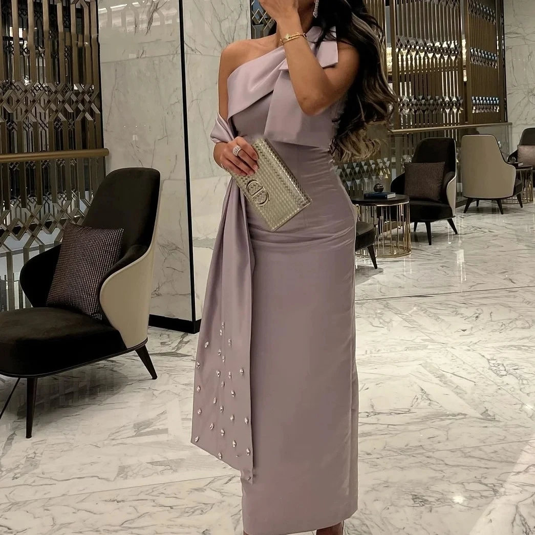 

Romantic Purple Satin Saudi Arabia Mermaid Evening Dresses with Slit One Shoulder Tight Long Formal Party Dress Dubai Prom Gowns