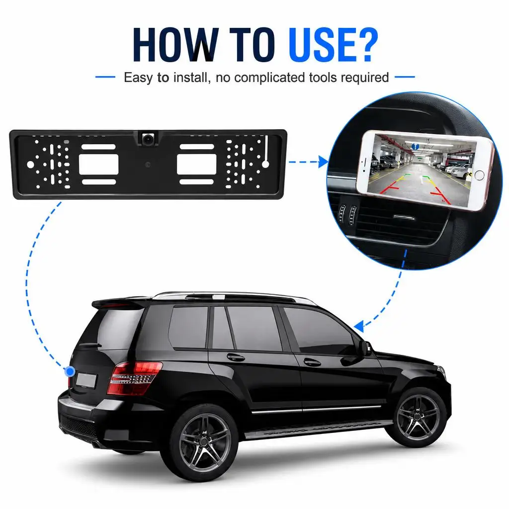 1Set Nuova Telecamera Posteriore WiFi per Auto 170 ° Cornice per targa europea, impermeabile, con telecamera a visione notturna ad alta definizione, per assistenza alla retromarcia, compatibile con