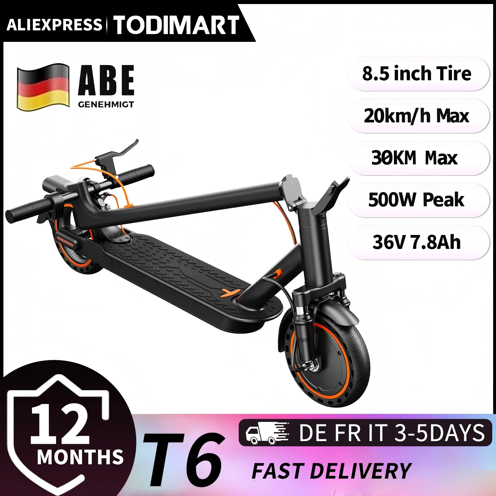 TODIMART T6 ABE e-scooter met wegvergoeding, 30 km, 350W, inch banden, dubbele schokdempers, e-scooter voor volwassenen
