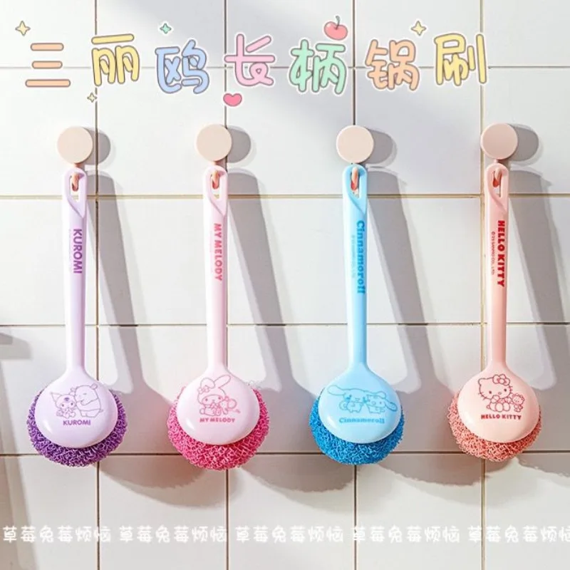 

Kawaii Sanrio Hello Kitty Cinnamon Roll My Melody Kuromi Handheld Skillet Brush Anime Character Steel Ball Kitchen Supplies Gift