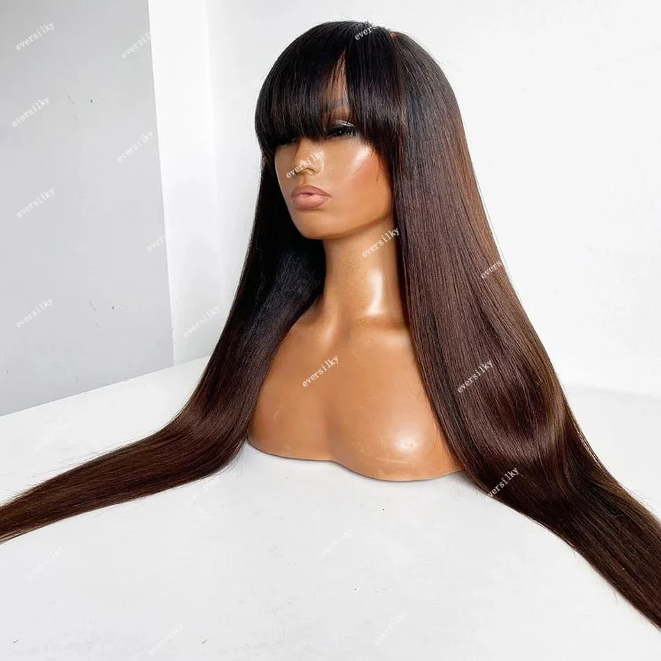 Ombre Chocolate Brown Yaki Straight 360 Lace Frontal Fringe Wig with Bangs 200density Kinky Straight Full Lace Human Hair Wigs