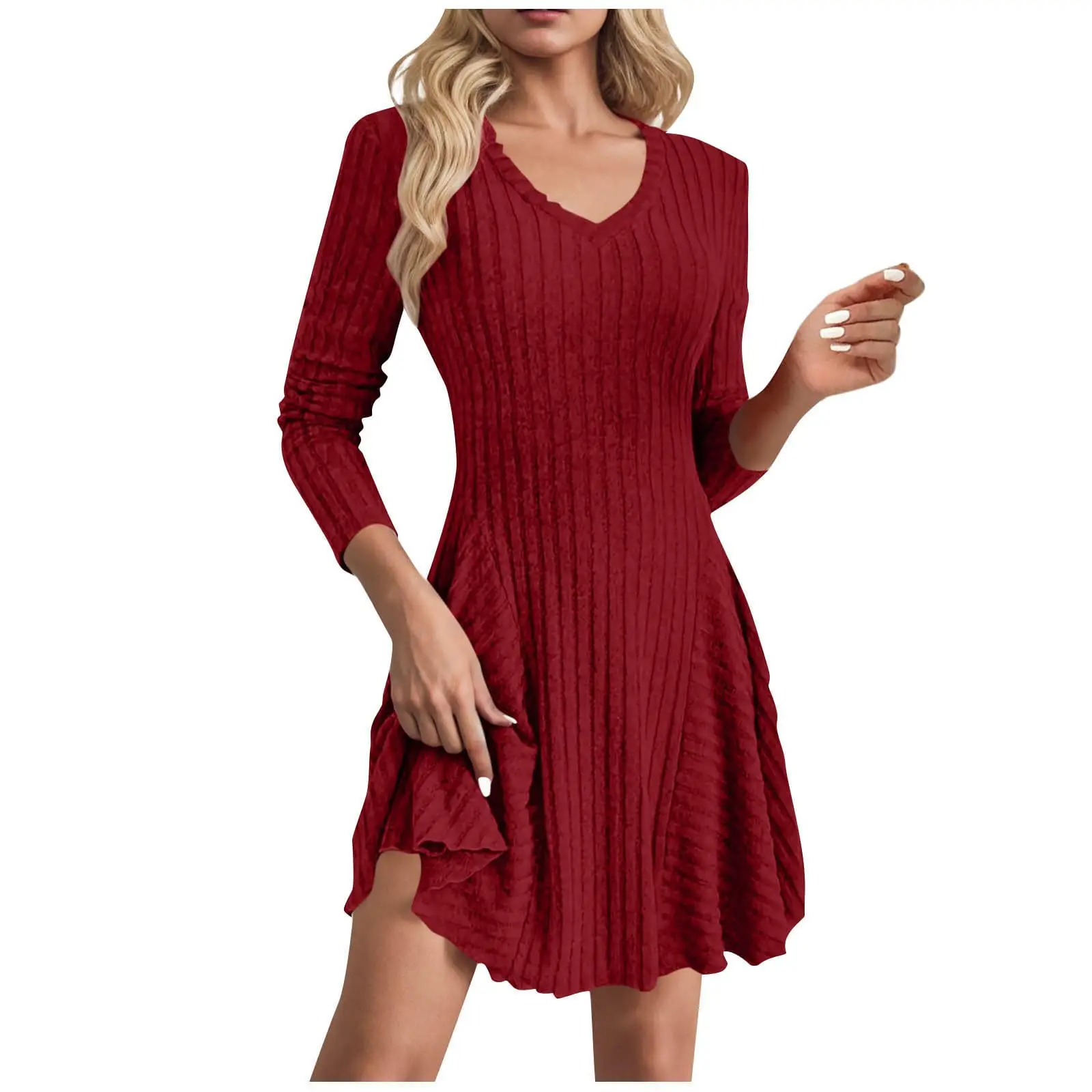 Otoño/Invierno Sexy ceñido al cuerpo suéter Casual vestido de Color sólido de las mujeres Slim Fit con cuello en V de manga larga vestido de punto vestidos para mujer