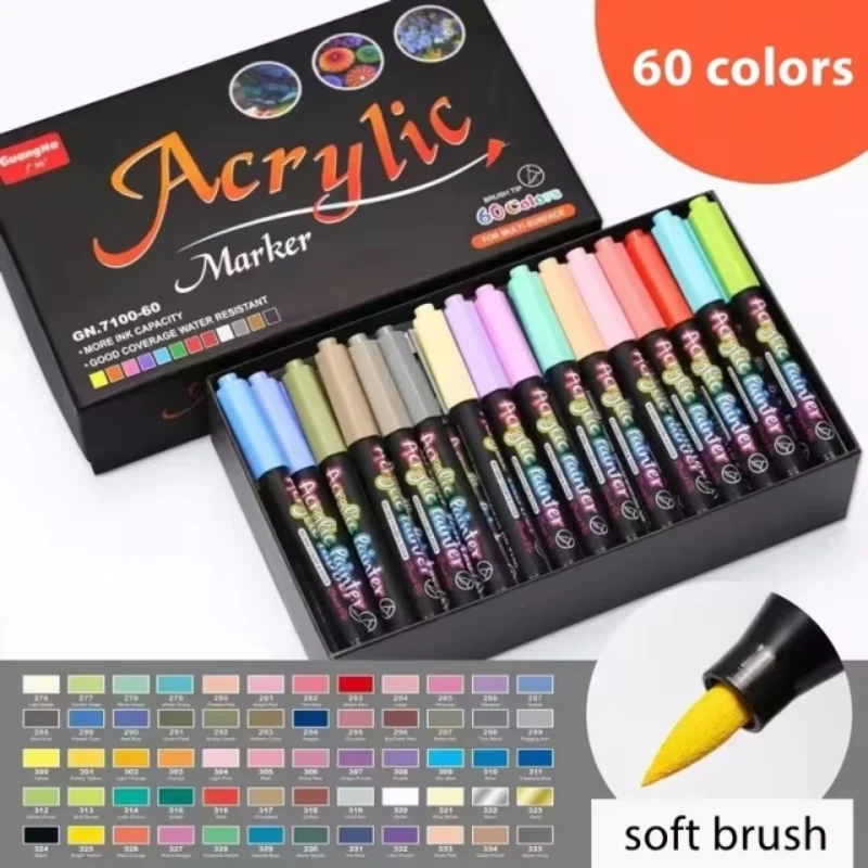 

12-60 Colors Acrylic Paint Brush pen Art Marker Soft Tip Pen for Ceramic Rock Glass Porcelain Mug Wood Fabric Canvas Painting