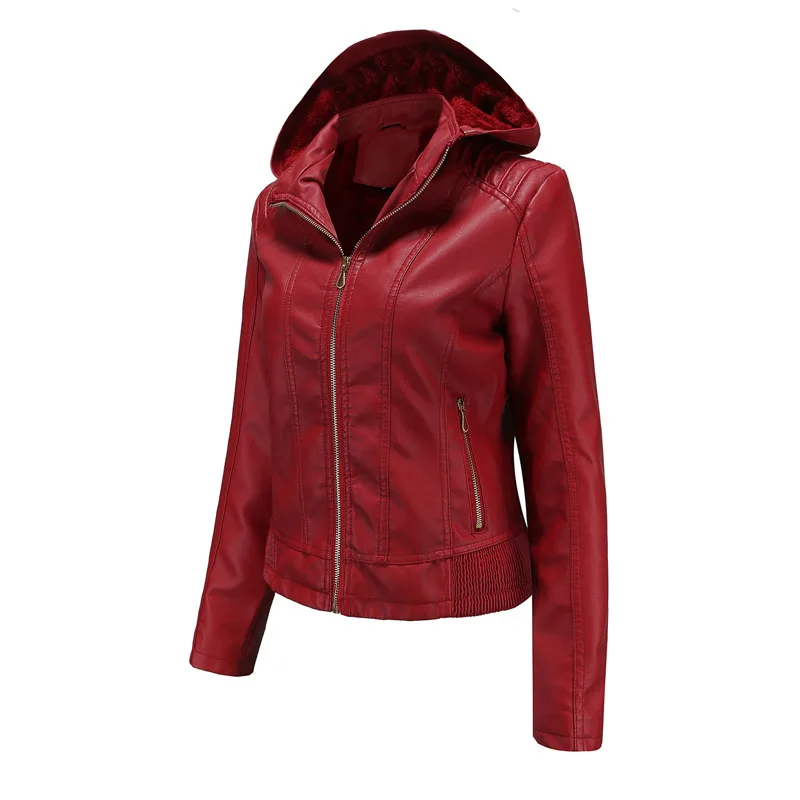 Autumn Winter Hooded Leather Jacket Women Removable Hat Warm Plush Jacket Coat Slim Fit Windproof Outwear jaqueta feminina WF318