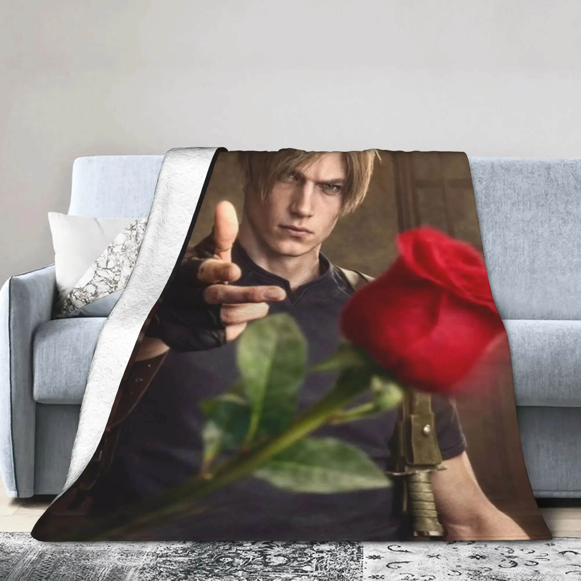 Leon Resident Evil Blanket  Kennedy Rose Print Soft Fleece Throw for Gaming Room Bedroom Dorm Decor Multi-Size