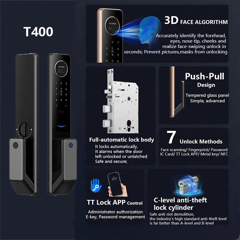 NEW RAYKUBE T400 Full-auto Advanced TT Lock 3D Face Recognition Smart Door Lock Digital Fingerprint Electronic Door Lock