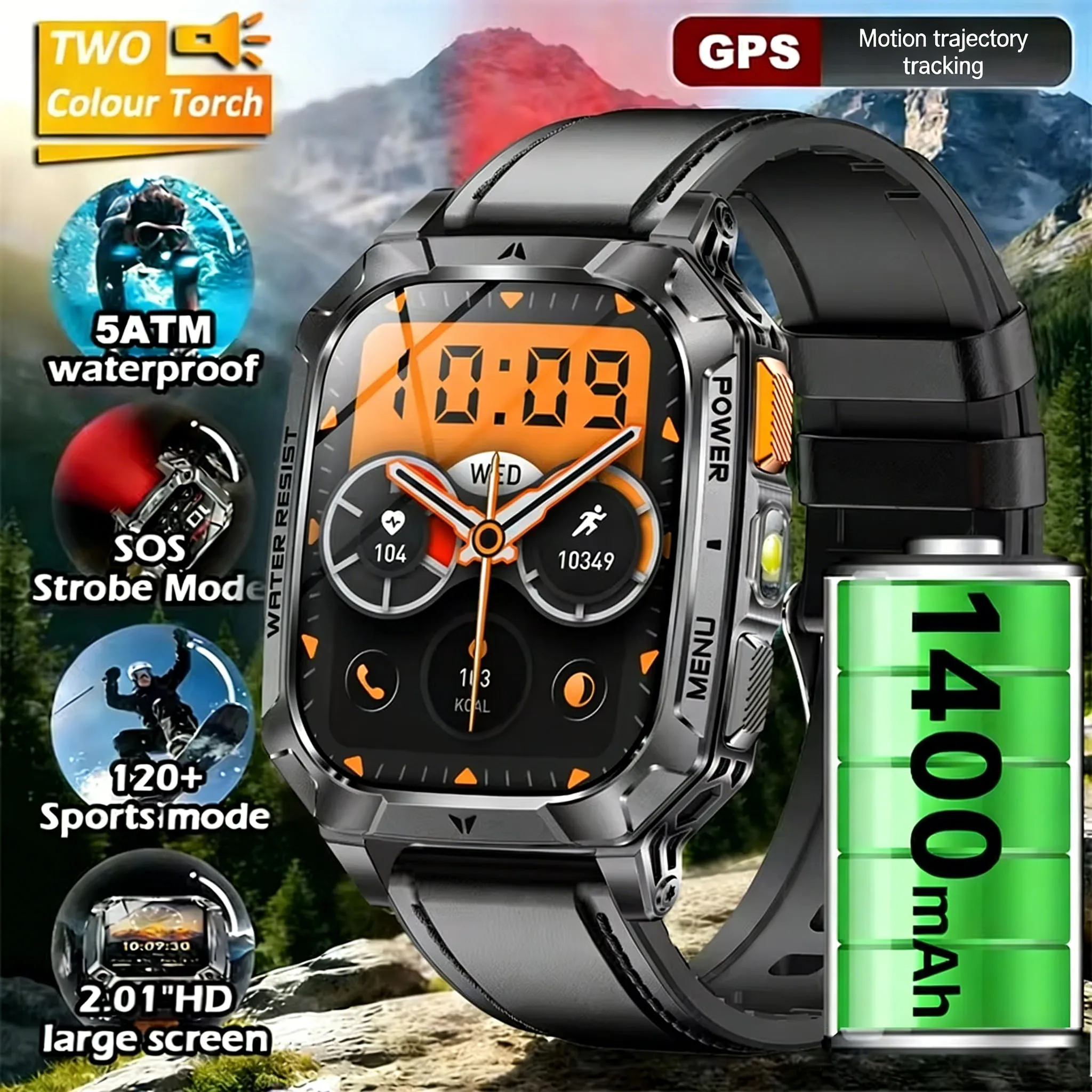 

Смарт-часы с аккумулятором 1400 мАч, новинка 2026 года, AMOLED-экран 2,01 дюйма, водонепроницаемость IP68, трекер для бега на открытом воздухе, двухцветная подсветка, GPS-смарт-часы