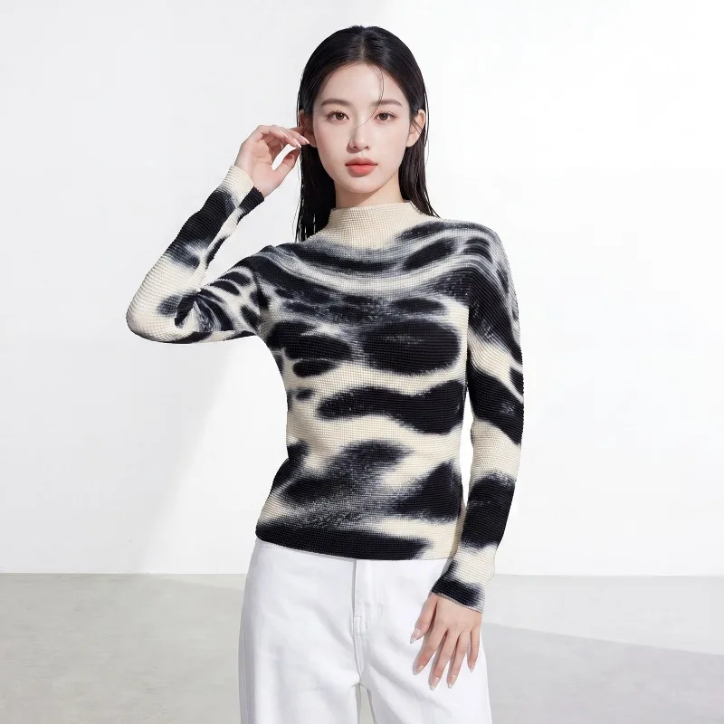 Miyake Pleated 2026 Top for Women Unique Design Fashionable Elegant High Neck Slim Fit Stretchy Base Shirt Long Sleeve T-Shirt