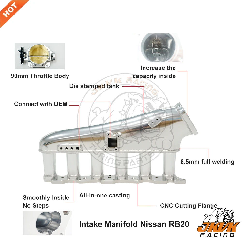 

JKVK RACING Billet Intake Manifold for Niss RB20DET RB20 Front Facing Engine Aluminum 90mm throttle body With