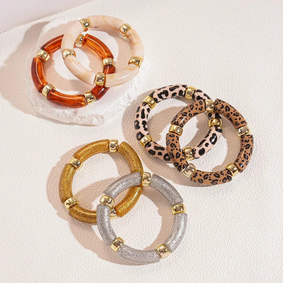 Multi-style Leopard Print Bamboo Tube Acrylic Stretchy Bracelets for Women Men Retro Resin Beaded Bangles Stack Jewelry Gift K1 image 4