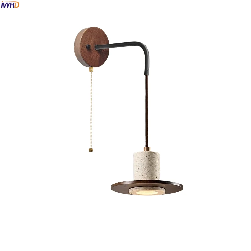 

IWHD Home Decor LED Wall Lights Indoor Lighting Pull Chain Switch Yellow Travertine Mid Century Modern Bedside Lamps Wandlampen