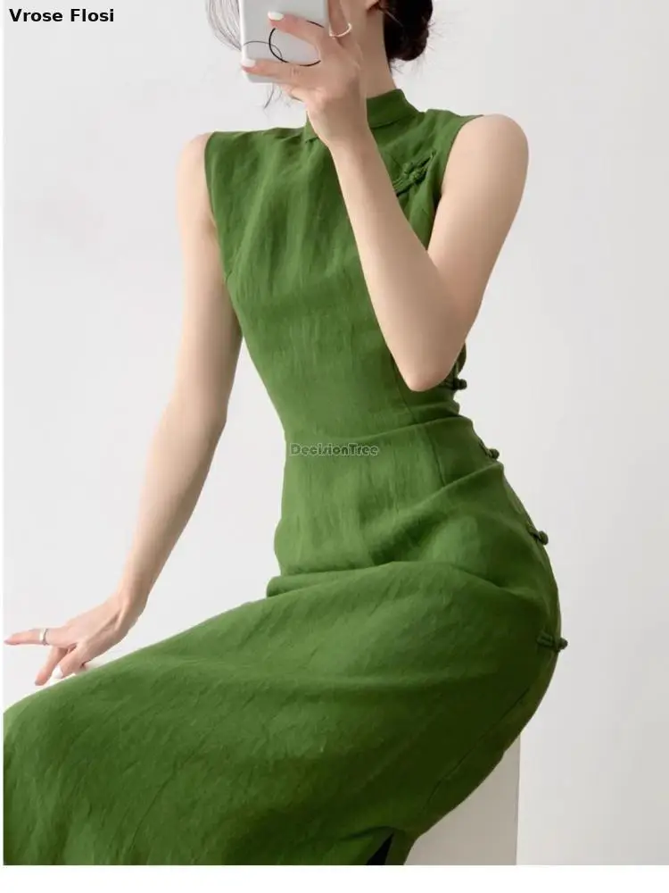 วินเทจจีน Qipao ชุดสีเขียวมรกตแขนกุดเอว Cinching High Slit Elegant สวมใส่ทุกวัน Breathable ผ้าลินินเซ็กซี่ชุด