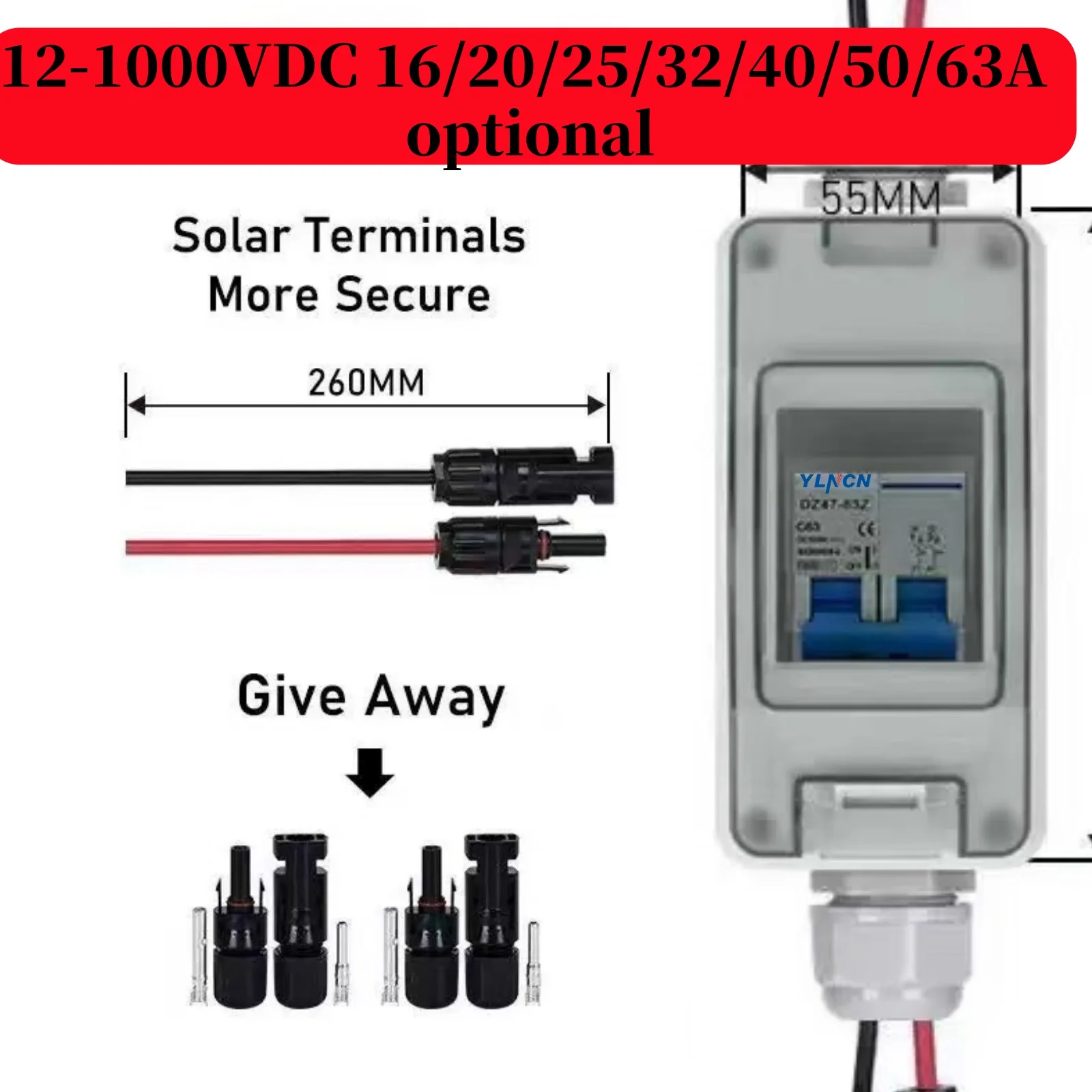 Solar Panel Disconnect Switch 1000VDC 16/20/25/32/40/50/63A Solar Circuit Breaker Box for Panel Inverter RV Home System