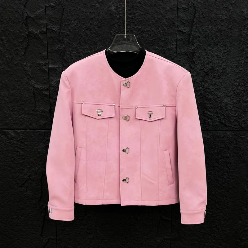 WVGA Spring Autumn New Men Tide Metal Magnetic Buckle Design Leather Jackets Niche Chic Casual Korean Version Short Coats W18307